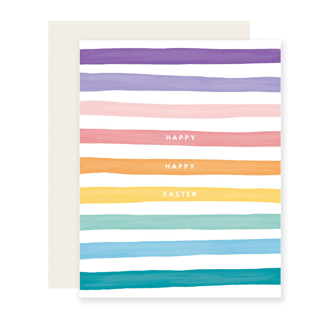 A vibrant pastel rainbow-striped Easter card with the cheerful message 'Happy happy Easter', radiating joy and celebration.