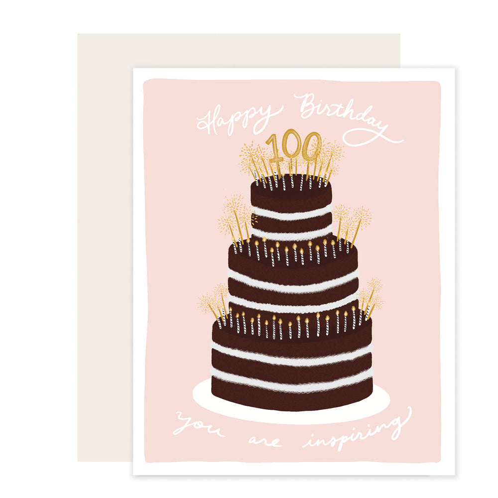 Happy 100th Birthday Card. An illustrated 100th milestone birthday card featuring a three-tiered cake with numerous candles, 'Happy Birthday' at the top, and 'You are inspiring' at the bottom.