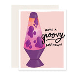 A beautifully illustrated birthday card adorned with a vibrant lava lamp design. The card wishes the recipient a 'groovy birthday,' creating a retro and colorful vibe