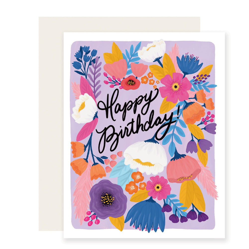  A bright and cheerful birthday card adorned with vivid and bold floral illustrations. The card bursts with a variety of colorful flowers, creating a lively and festive atmosphere, perfect for celebrating a special day.