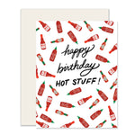 Birthday card with the message 'Happy Birthday Hot Stuff' adorned with an array of small hot sauce bottles on the front, ideal for the fiery and hot sauce aficionado in your life.