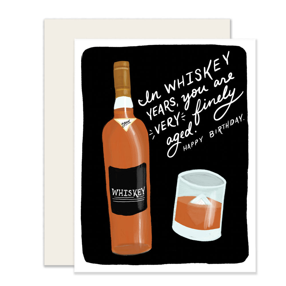 Birthday card tailored for whiskey enthusiasts, showcasing an artfully illustrated bottle and glass of whiskey, accompanied by the message 'In whiskey years, you are very finely aged. Happy Birthday.'