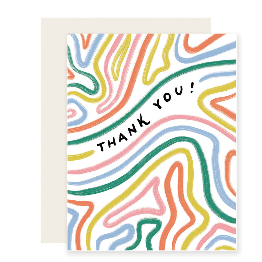 A thank you card adorned with vibrant, abstract, and playful bendy lines, featuring the simple message 'Thank You,' exuding a sense of joyful appreciation.