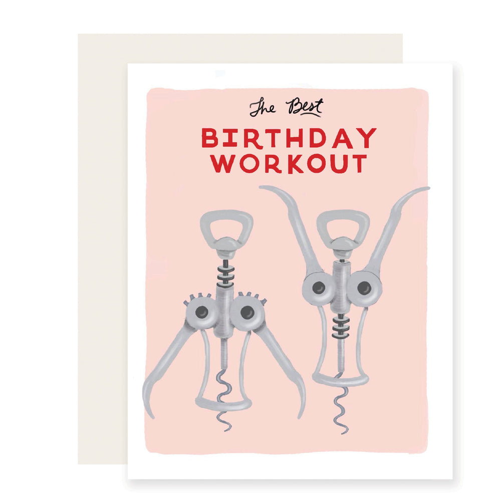Amusing birthday card for wine enthusiasts with the caption 'birthday workout.' The card features animated wine openers engaged in comical jumping jacks, capturing the delightful and playful essence of the occasion! 