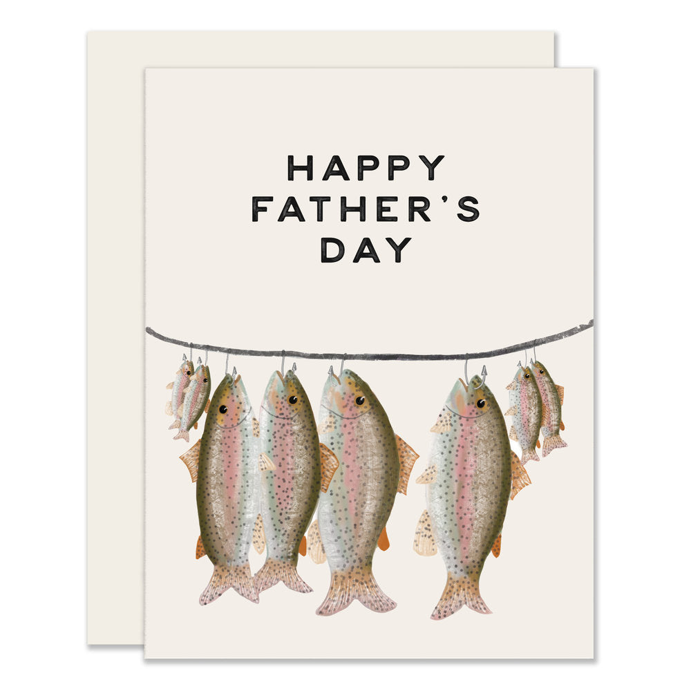 A colorful and intricately illustrated Father's Day card with vibrant trout hanging from a stringer against a white background, accompanied by the text 'Happy Father's Day'.
