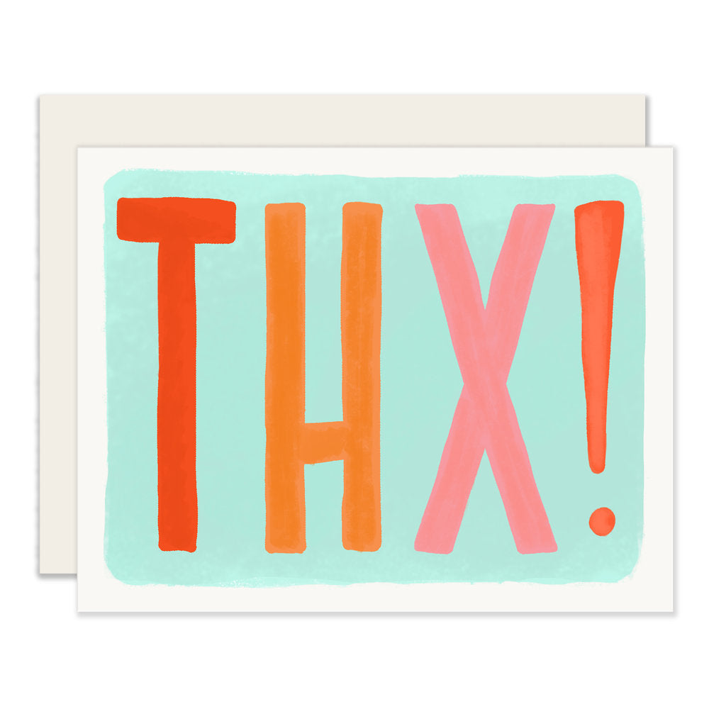 A simple thank you card with a blue background and bold, colorful letters that spell 'THX,' conveying gratitude in a straightforward and vibrant manner.
