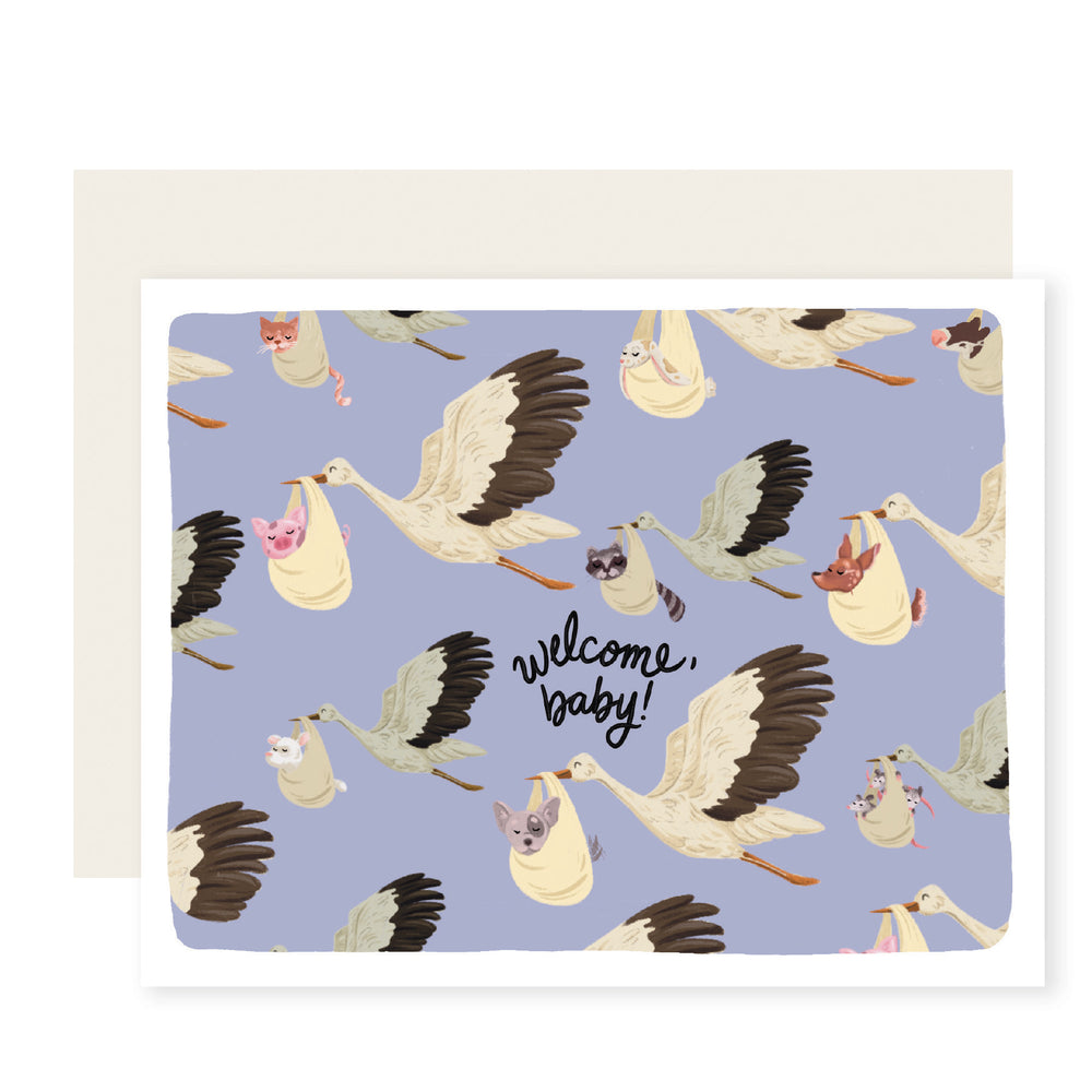 A charming baby card featuring adorable illustrations of storks carrying various baby animals against a serene blue sky. The card reads 'Welcome Baby,' creating a delightful and heartwarming scene. 