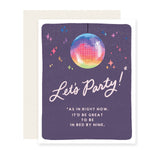 A lively birthday card in vibrant purple with a disco ball centerpiece. Playful cursive font reads 'Let's Party!' with a cheeky follow-up below, 'as in right now. Bed by 9.' Combining disco fever and bedtime goals for a humorously responsible celebration.