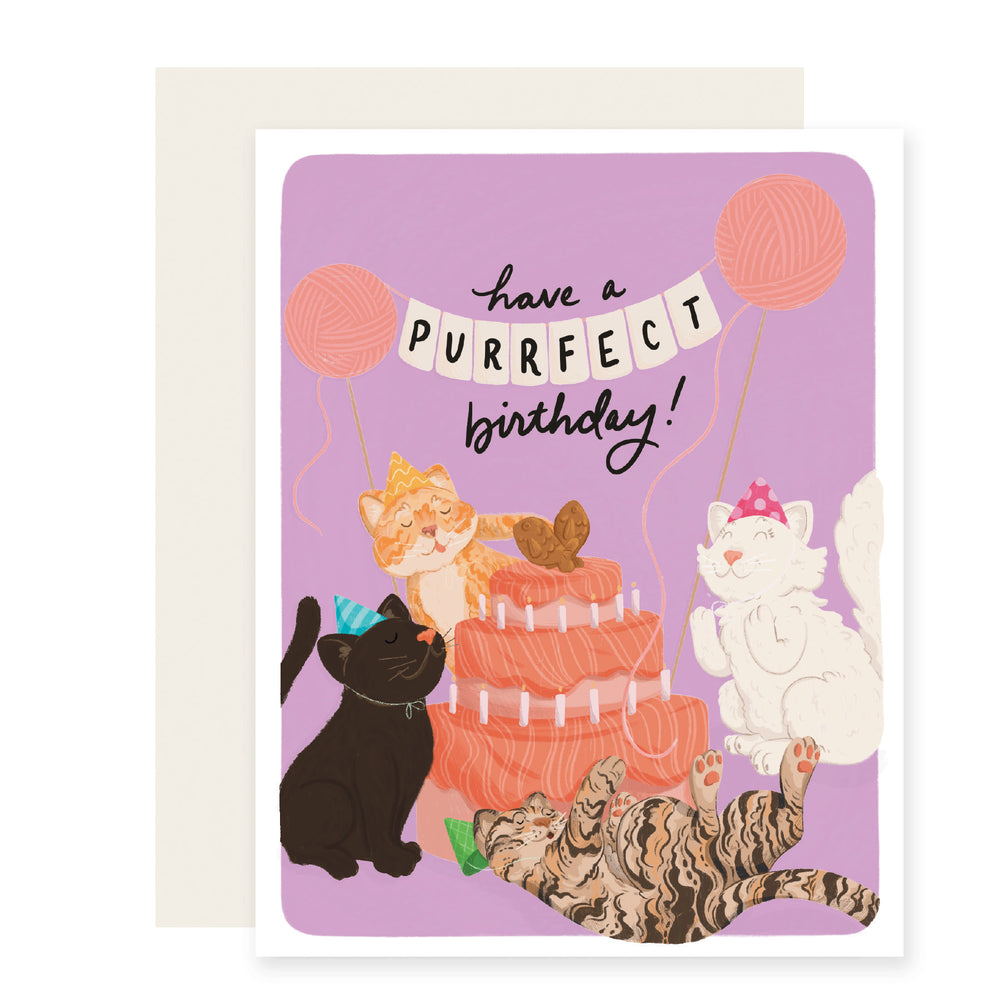 A delightful birthday card featuring four adorable illustrated cats donning party hats, gathered around a festive cake. The card reads 'Have a purrfect birthday,' making it the ideal choice for a cat lover's celebration.