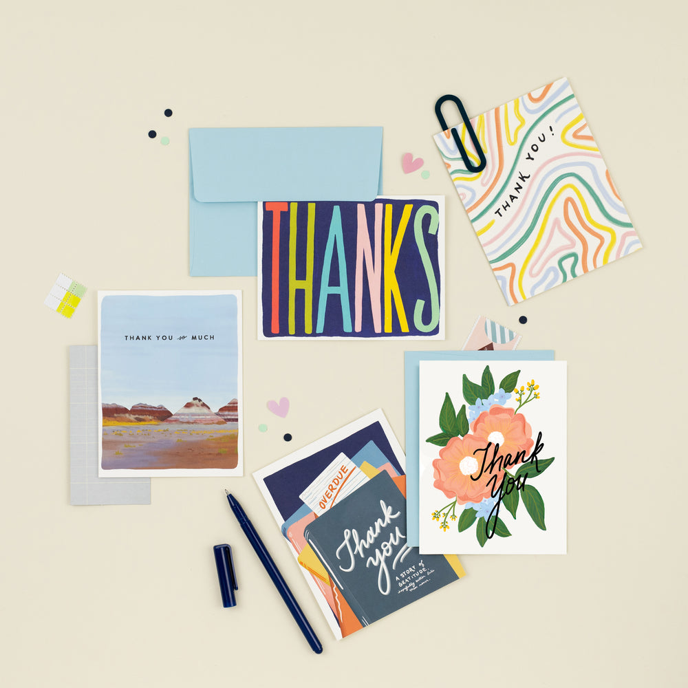 Beautifully illustrated thank you cards  ranging from elegant simplicity to bold, colorful designs, scenic landscapes, and cheeky expressions of gratitude. Suitable for diverse tastes and recipients, these cards creatively convey appreciation.