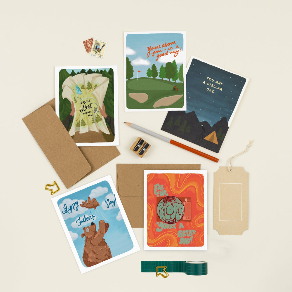 A collection of Father's Day cards with beautiful illustrations, offering a range from heartfelt messages to humorous dad jokes and puns. Designed to suit all types of dads, each card features unique artwork and a thoughtful message. 