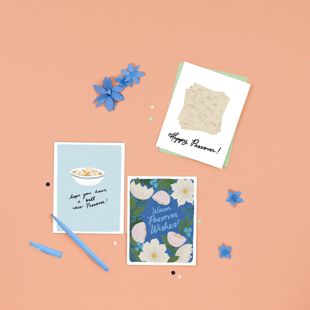 A diverse collection of Passover cards with beautiful illustrations. Designs vary from playful puns to simple, warm, and elegant Passover wishes, offering a range of heartfelt greetings for the holiday season.