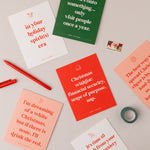 A collection of colorful, humorous cards featuring cheeky messages for all occasions, including birthdays, congratulations, Christmas, and new moms, adding a delightful twist of laughter.