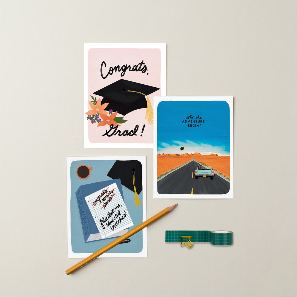 A collection of beautifully illustrated graduation cards suitable for all, offering a wide range of styles from sweet and sassy to punny, heartfelt, & comforting. Perfect for catering to various personalities and celebrating diverse moments in life.