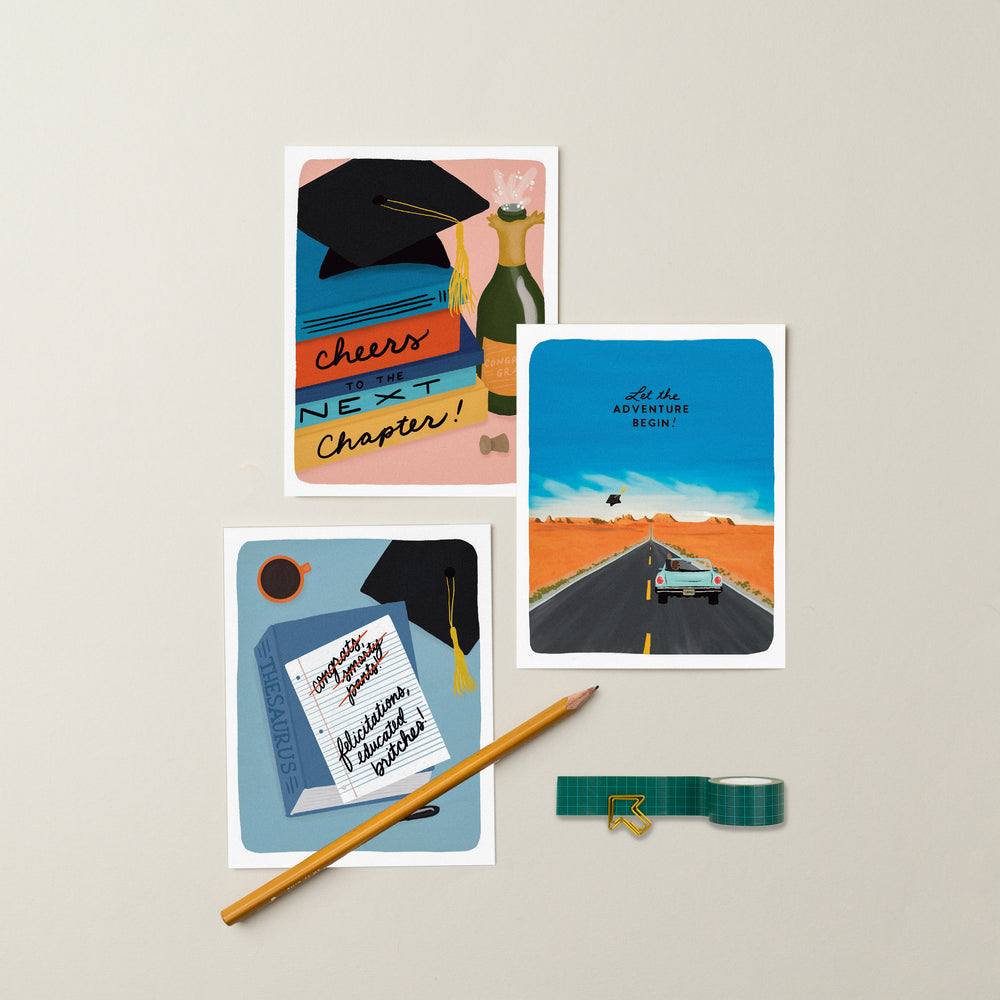 A collection of beautifully illustrated graduation cards suitable for all, offering a wide range of styles from sweet and sassy to punny, heartfelt, & comforting. Perfect for catering to various personalities and celebrating diverse moments in life.
