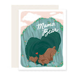 A Mother's Day card featuring an adorable and vibrant illustration of a mama bear and her cub inside a heart-shaped cave, showing affection towards each other. The card simply reads 'Mama Bear'. 