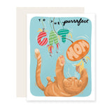 A Mother's Day card designed for cat moms. The card features a light blue background with the message 'To the purrrfect cat mom.' In the center, there is an adorable illustration of an orange cat playing with colorful cat toys.