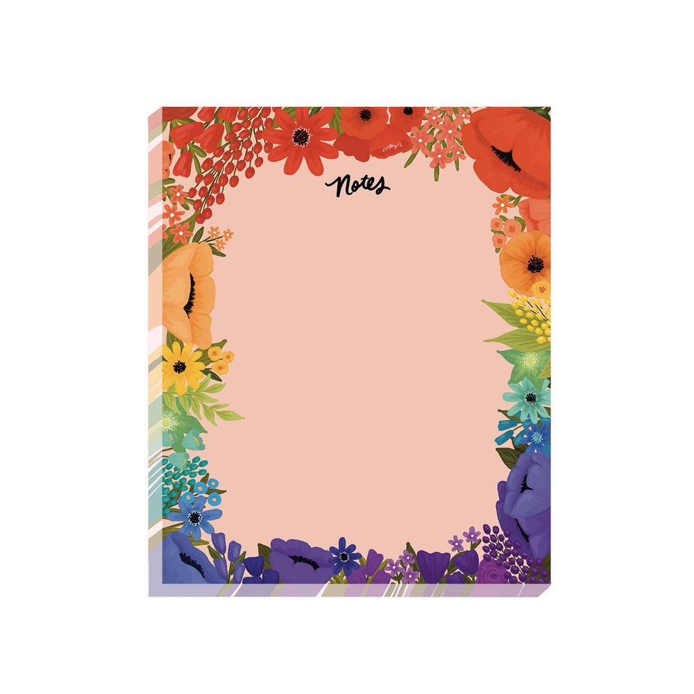 A stunning floral rainbow notepad framed with beautifully illustrated flowers. The vibrant colors follow a rainbow order, transitioning from red at the top to purple at the bottom, creating a delightful and colorful design.