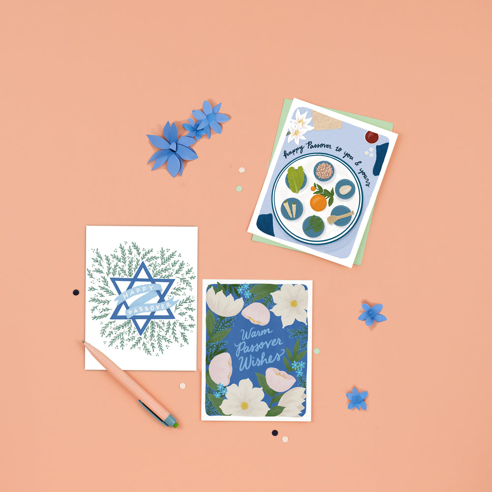  A diverse collection of Passover cards with beautiful illustrations. Designs vary from playful puns to simple, warm, and elegant Passover wishes, offering a range of heartfelt greetings for the holiday season. 