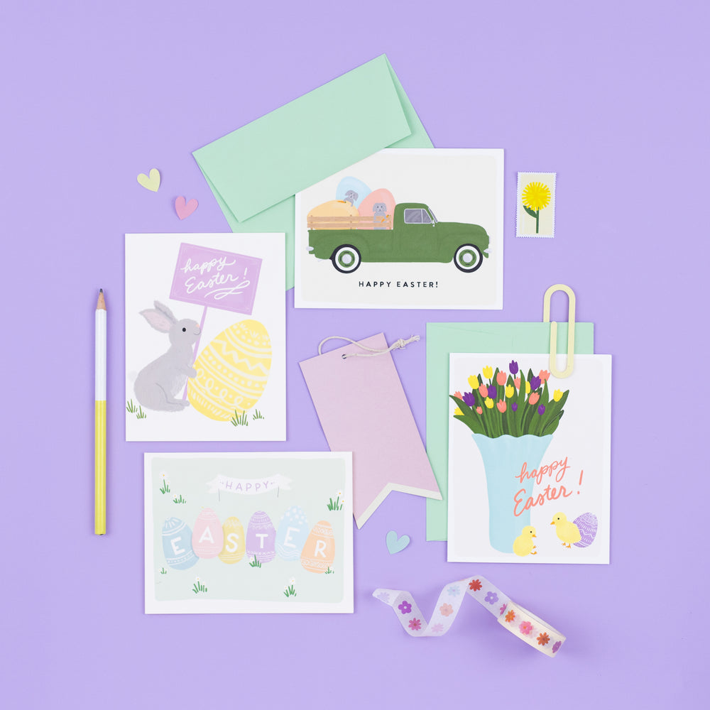 A delightful assortment of illustrated Easter cards, spanning from fun and playful to simple and elegant. Each card is beautifully illustrated, making them perfect for anyone seeking a charming and diverse selection for the Easter season.