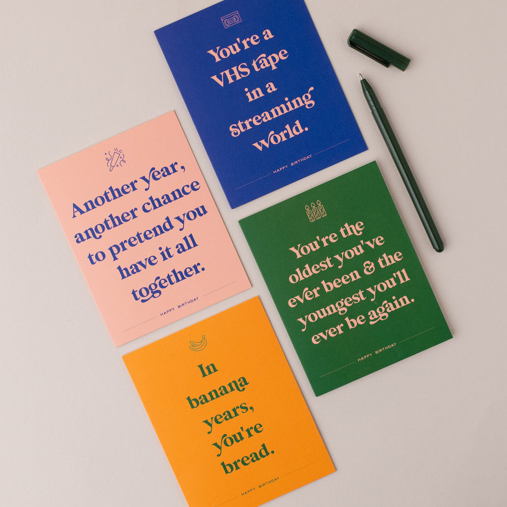 A collection of colorful, humorous cards featuring cheeky messages for all occasions, including birthdays, congratulations, Christmas, and new moms, adding a delightful twist of laughter.