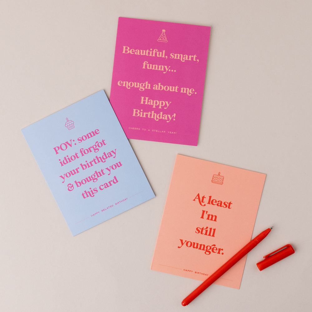 A collection of colorful, humorous cards featuring cheeky messages for all occasions, including birthdays, congratulations, Christmas, and new moms, adding a delightful twist of laughter.