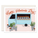 Charmingly illustrated card depicting a delightful truck selling vibrant flowers, with the message 'Happy Valentine’s Day'—perfect for expressing love and sharing joy with your special someone on Valentine's Day.