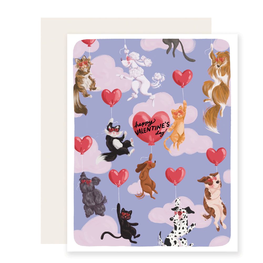 Love is in the air, and so are these adorable fur-babies! Dive into a sky full of whimsically illustrated dogs and cats, soaring with heart-shaped balloons to deliver your 'Happy Valentine's Day' wishes!