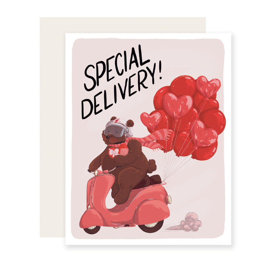 Wheeling in love's special delivery, an adorable cute bear is on a moped is here to bring you a bunch of heart-shaped balloons that'll float straight to your heart!