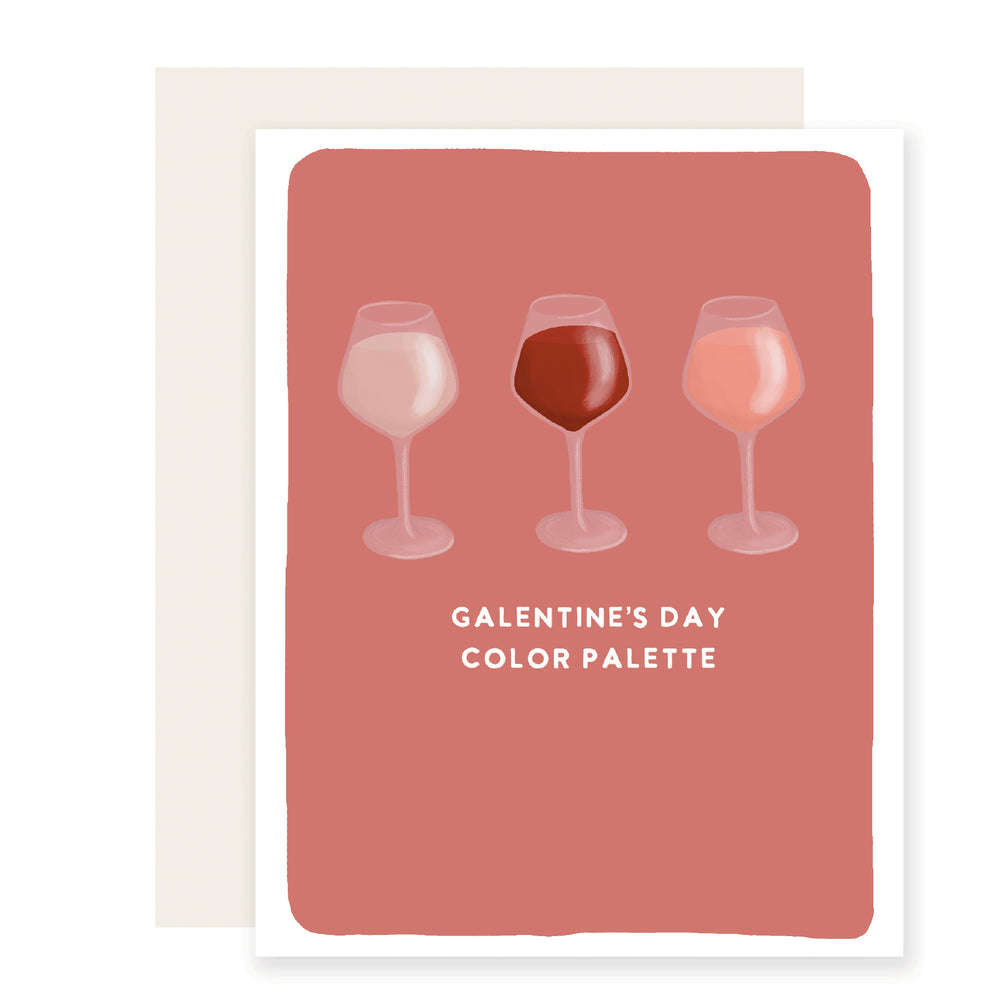 An adorably illustrated Galentine's Day card featuring three different glasses of wine, creatively labeled as the 'Galentine's Day color palette.'