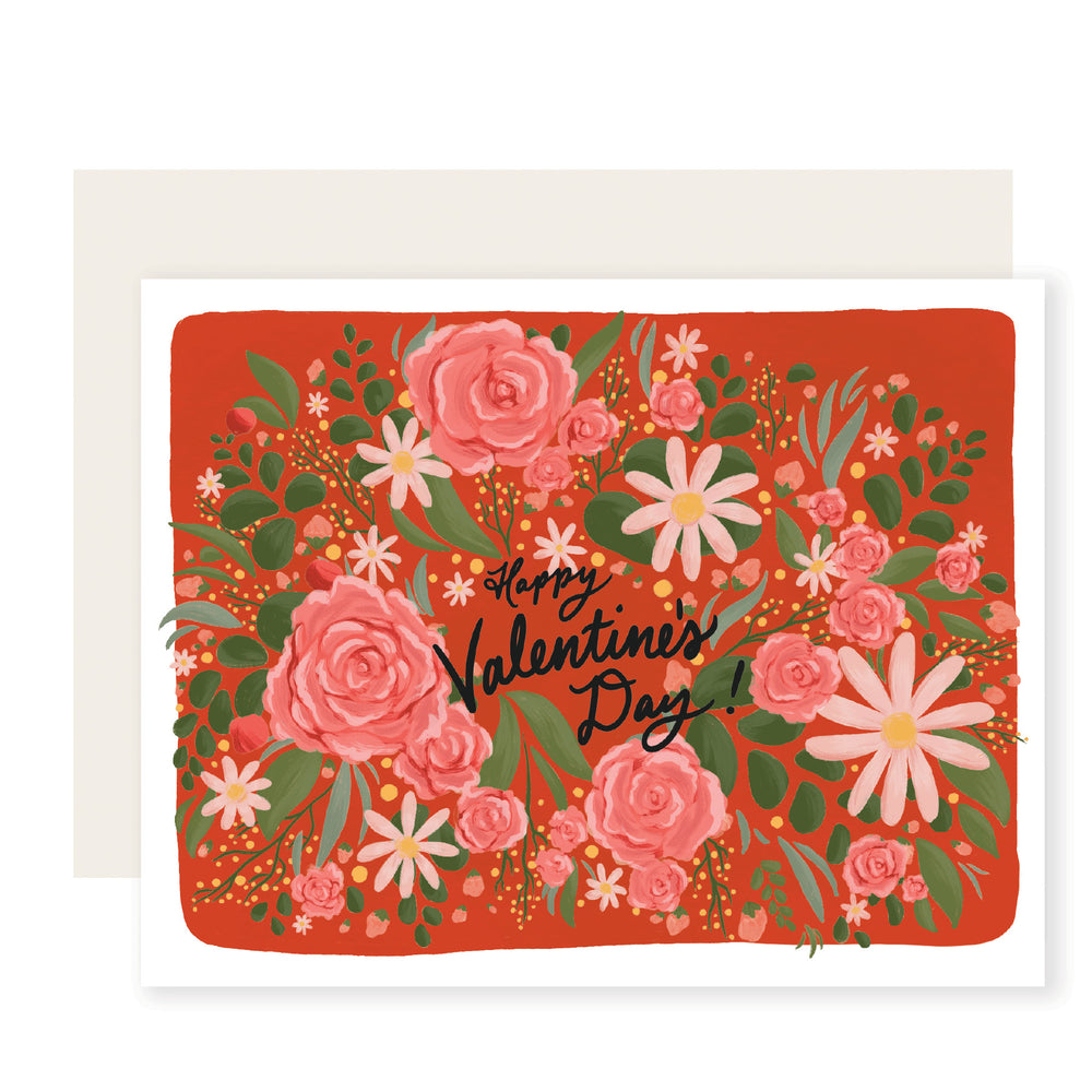 A beautifully illustrated Valentine's Day card adorned with a vibrant assortment of classic flowers, creating a burst of color and romance.