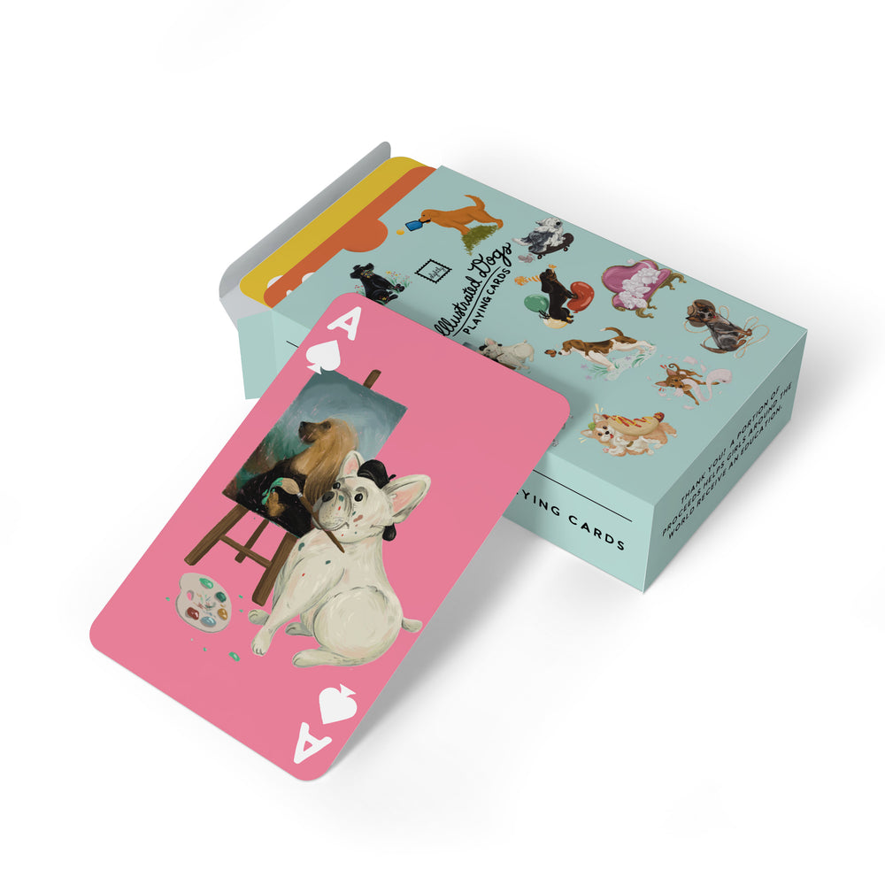 A deck of playing cards featuring adorably illustrated dogs on each card. The cards are vibrant and ideal for both dog lovers and card game enthusiasts. A perfect gift choice for anyone who adores dogs.  🐶🃏🎁