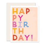 A simple yet colorful birthday card in a light pinkish-salmon hue. It features bold block letters spelling out 'Happy Birthday' in a vibrant, eye-catching style. The design is bright and cheery, perfect for sending joyful birthday wishes.