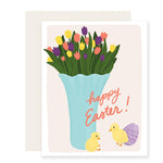 A vibrant Easter card featuring a beautifully illustrated tulip bouquet on the front, accompanied by the text 'Happy Easter'. 