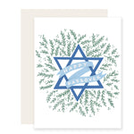 A Happy Passover card with a white background featuring an elegant blue Star of David as the focal point. Delicate green sprigs surround the star, creating a simple and elegant design, symbolizing warm Passover wishes.