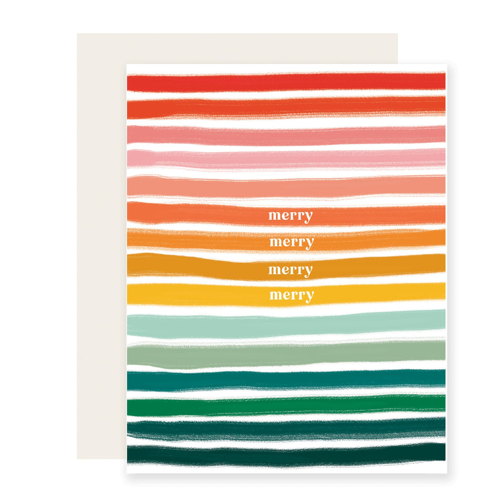 A vibrant and colorful holiday card with a gradient of stripes, starting with reds at the top and ending with a festive green stripe. The card simply reads 'Merry Merry Merry Merry,' spreading holiday cheer through its cheerful design.
