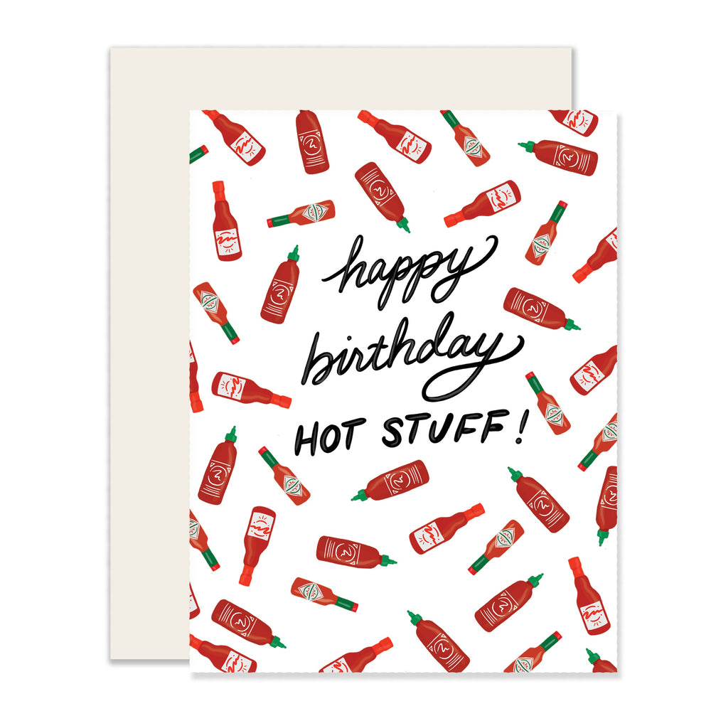 Birthday card with the message 'Happy Birthday Hot Stuff' adorned with an array of small hot sauce bottles on the front, ideal for the fiery and hot sauce aficionado in your life.