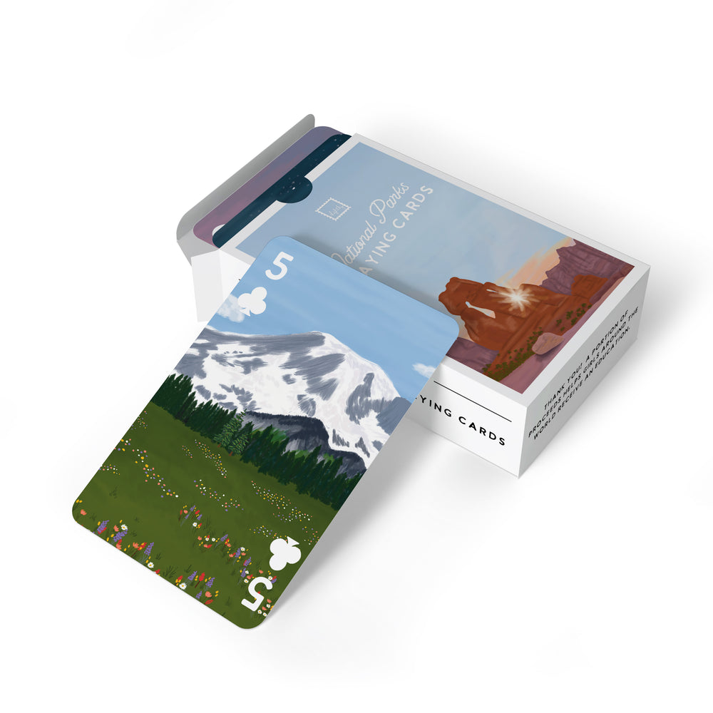 A deck of beautifully illustrated national parks playing cards with 15 park illustrations, each vibrant and rich in detail. They showcase the natural beauty of these parks, offering a visual delight for nature enthusiasts and card players.