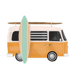 An image of an iconic vintage California surfer van sticker, complete with a surfboard on top. A retro nod to California's surf culture and the open road