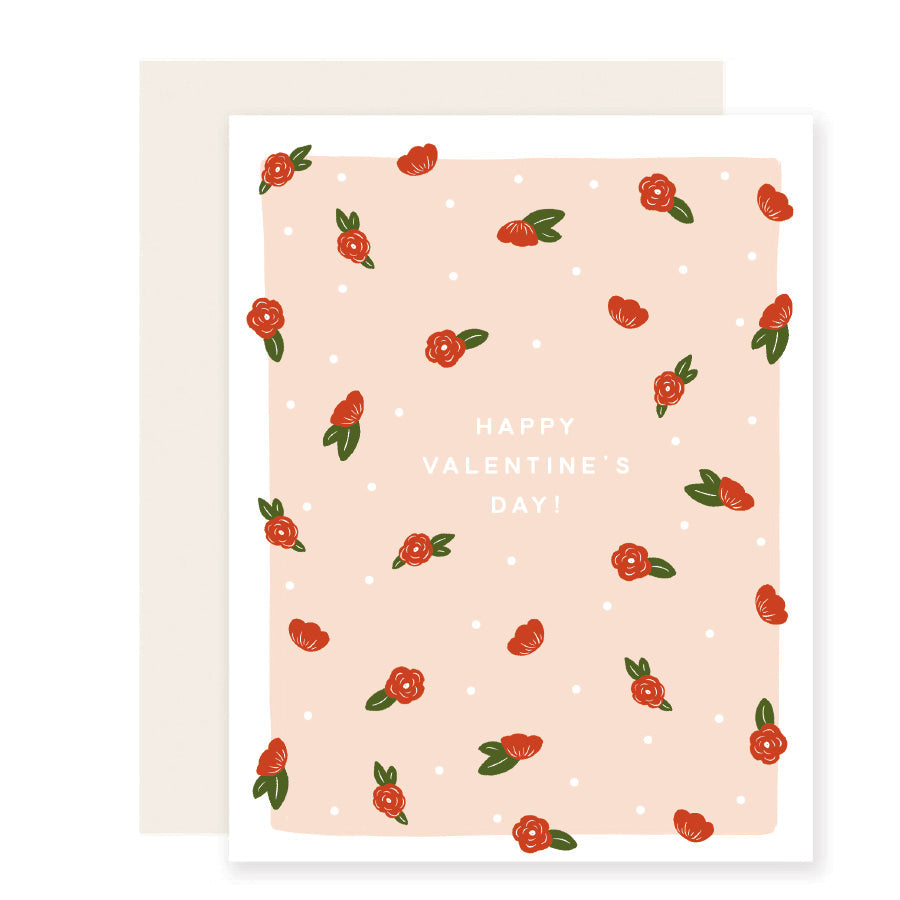 Charming Valentine's Day card with a simple background adorned by lovely rose illustrations, featuring the message 'Happy Valentine's Day.' A delightful and classic expression of love.