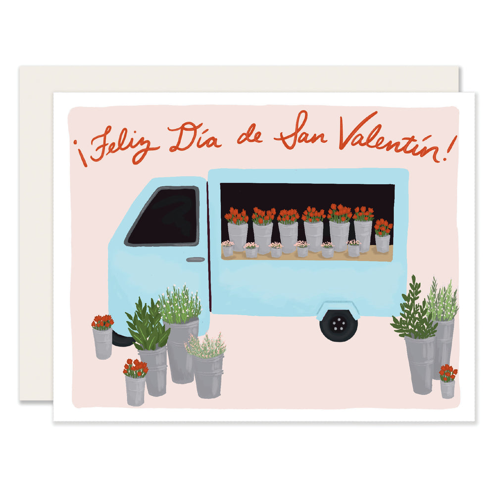 Charmingly illustrated card depicting a delightful truck selling vibrant flowers, with the message 'Feliz Día de San Valentín'—perfect for expressing love and sharing joy with your special someone on Valentine's Day.