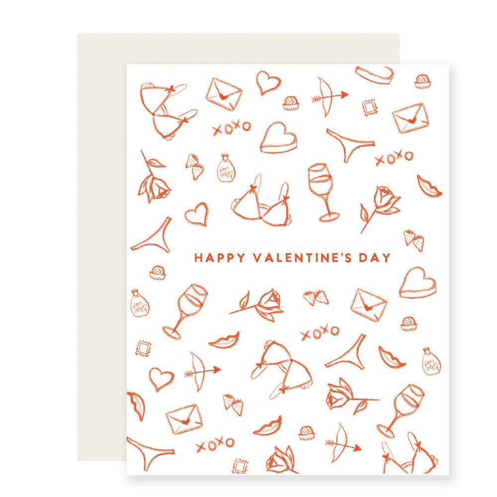 Whimsical Valentine's Day card featuring playful sketches of hearts, lingerie, chocolates, and roses, capturing all the classic romantic vibes. The message reads 'Happy Valentine's Day.