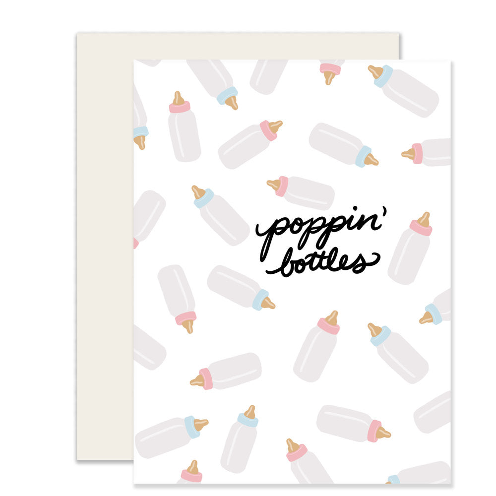 A warm and cheeky baby shower card adorned with adorably illustrated baby bottles scattered on the front, featuring the playful message 'Poppin' Baby Bottles,' adding a touch of humor and charm to the celebration.