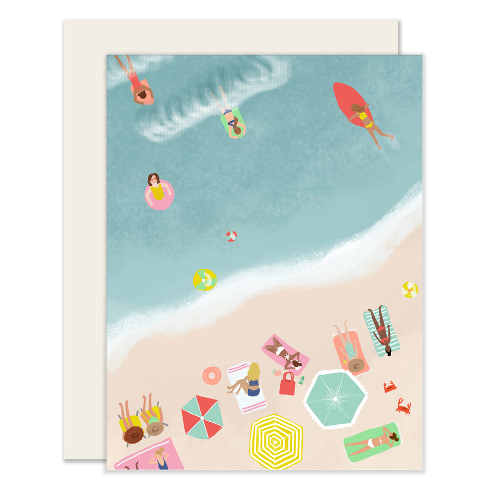 A card with a colorful beach scene, showing blue waters, a sandy shore, people lounging and swimming, under a serene, sunny atmosphere.