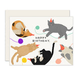 Charming birthday card featuring a delightful assortment of cats wearing birthday hats and playfully engaged with yarn, bearing the message 'Happy Birthday. Perfect for the cat lover in your life.