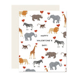 Safari-themed Valentine's Day card adorned with adorably illustrated safari animals on the front. The card reads 'Happy Valentine's Day,' creating a whimsical and heartwarming scene for animal enthusiasts and celebrators alike!