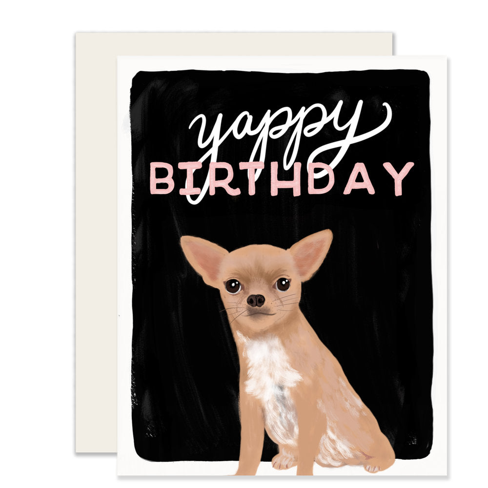A birthday card featuring an illustrated Chihuahua and the message 'Yappy Birthday.' The card is a playful and cheerful way to wish someone a happy birthday with a cute dog theme.🎂🐾🥳